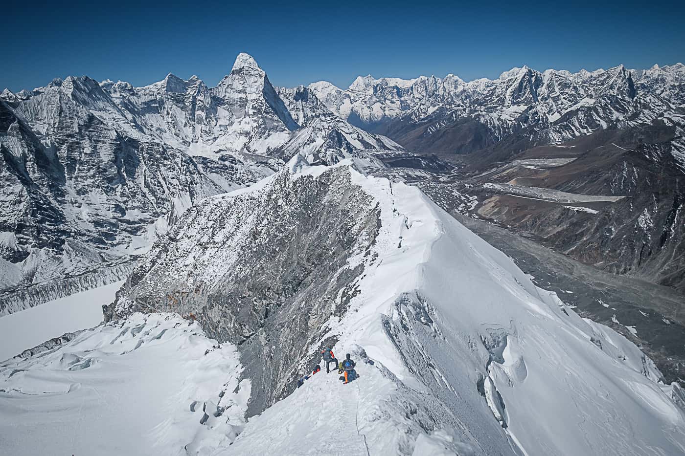 Nepal Island Peak climbing expedition featuring mountaineers ascending Imja Tse at 6,189 metres in the Everest region.