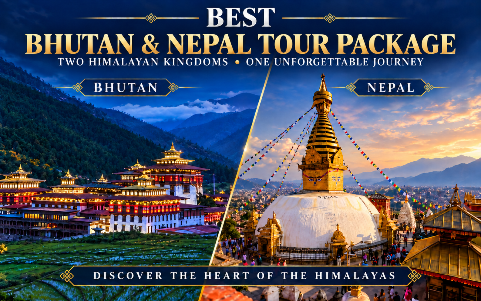 Discover the beauty of Bhutan and Nepal with our carefully designed Bhutan and Nepal Tour Package. Explore Bhutan’s peaceful monasteries, impressive fortresses and breathtaking landscapes before experiencing Nepal’s ancient heritage sites, vibrant culture and spectacular Himalayan views