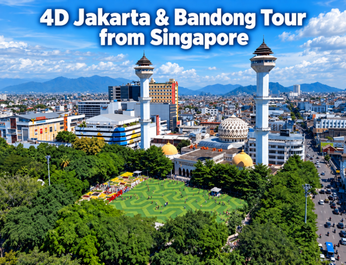 Bandung city skyline featuring the Grand Mosque and green town square, with text promoting a 4-day Jakarta and Bandung tour from Singapore.