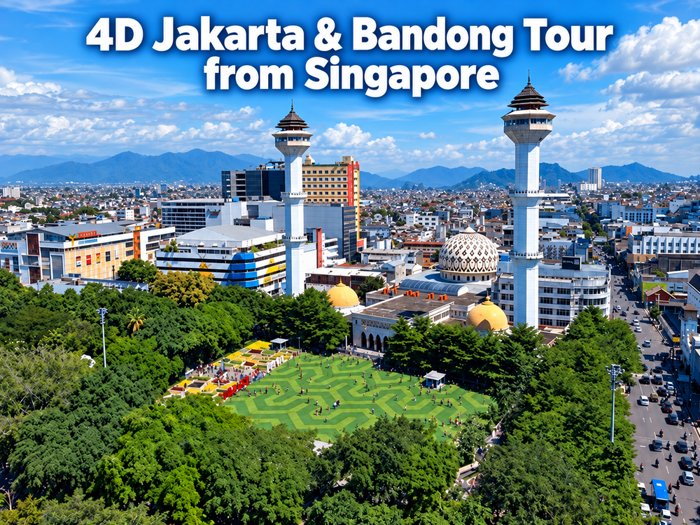 Bandung city skyline featuring the Grand Mosque and green town square, with text promoting a 4-day Jakarta and Bandung tour from Singapore.