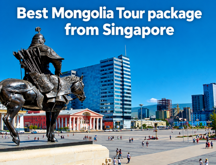 Best Mongolia tour package from Singapore featuring a bronze equestrian statue and Ulaanbaatar city skyline under a clear blue sky.