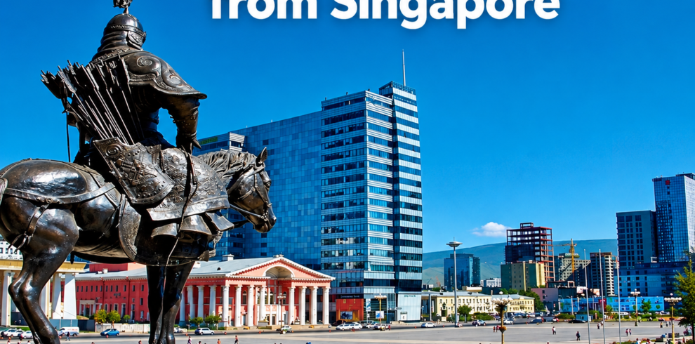 Best Mongolia tour package from Singapore featuring a bronze equestrian statue and Ulaanbaatar city skyline under a clear blue sky.